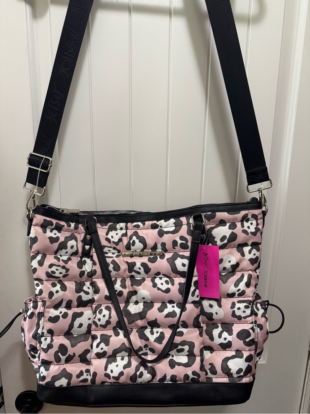 Betsey Johnson Pink Leopard Quilted Tote with Black Trim